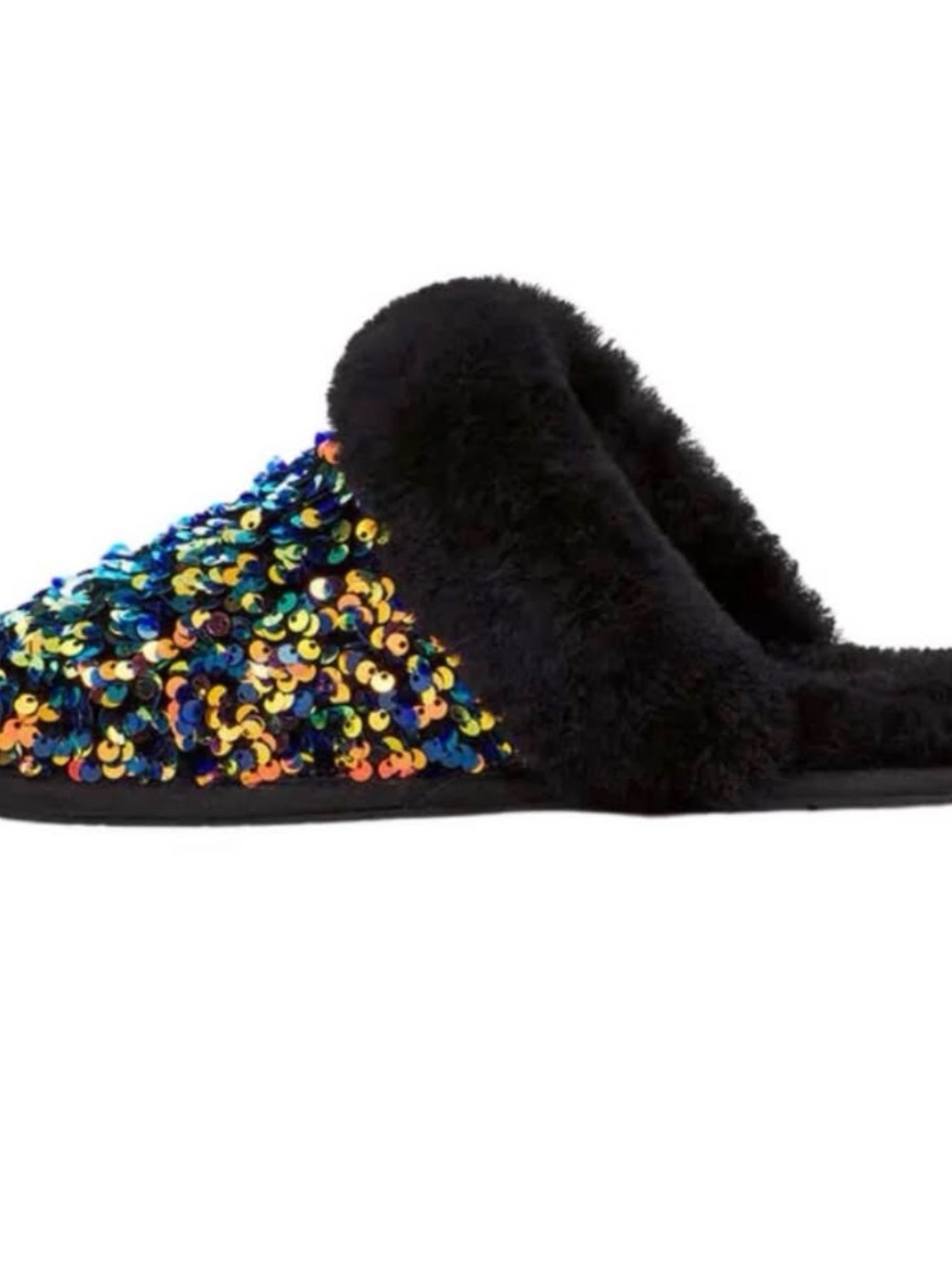UGG Black Faux Fur Slide Slippers with Multicolor Sequins